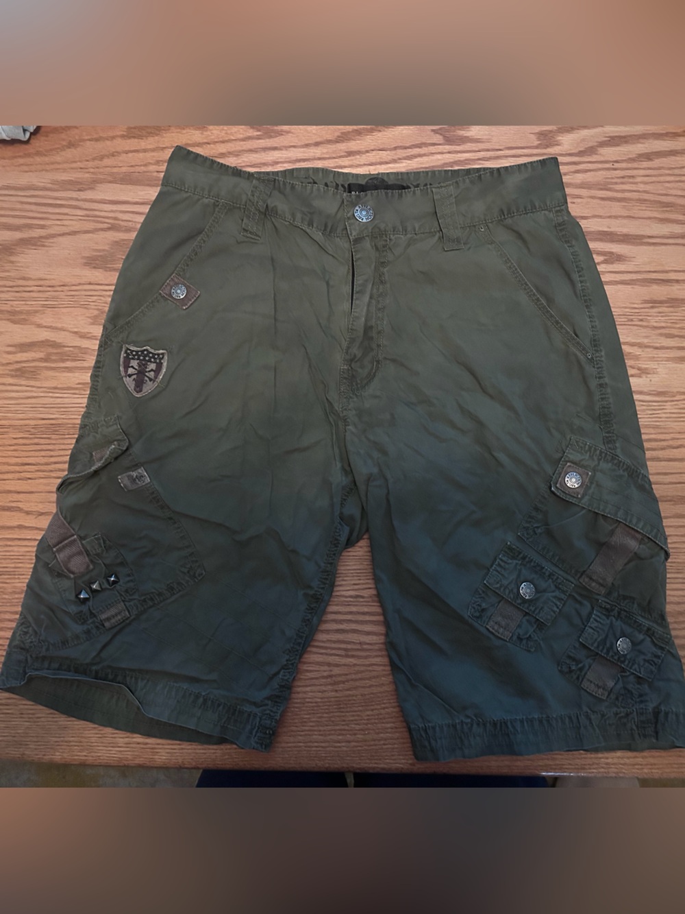 Affliction Men's Olive Green Cargo Shorts with Patch Accents